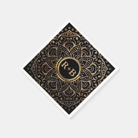 Boho Black Gold Folie Mandala Huwelijksmonogram Servetten (Hoek)