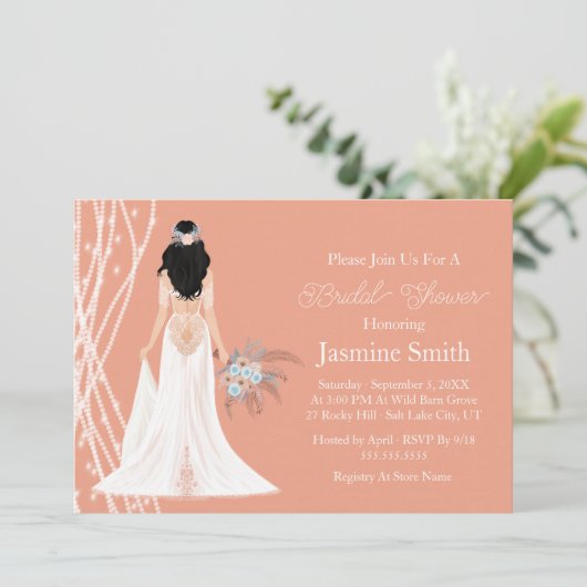 Boho Black Hair Bride met parels Vrijgezellenfeest Kaart (Staand voorkant)