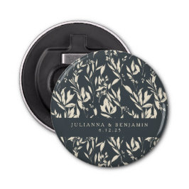 Boho Black Hand Drawn Floral Wedding Custom Button Flesopener
