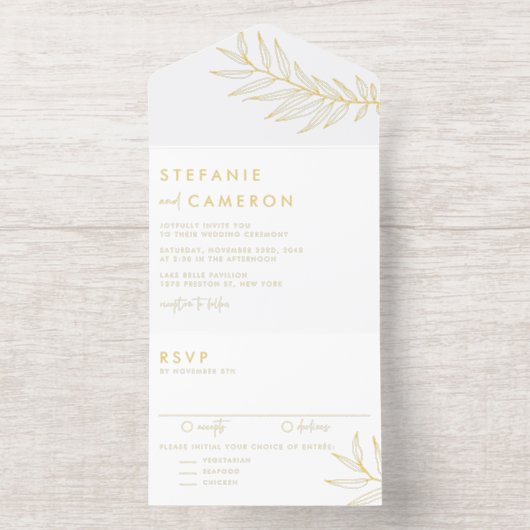 Boho Black Minimalist Foliage Wedding All In One Uitnodiging (Binnenkant)