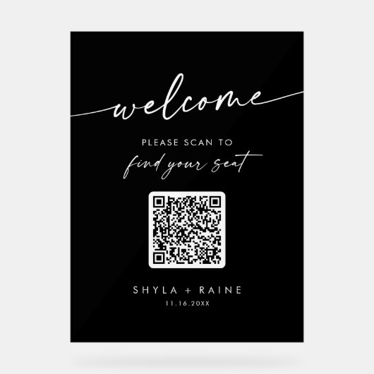 Boho Black QR Code Acryl Trouwstoel Grafiek Acryl Bord (Voorkant)