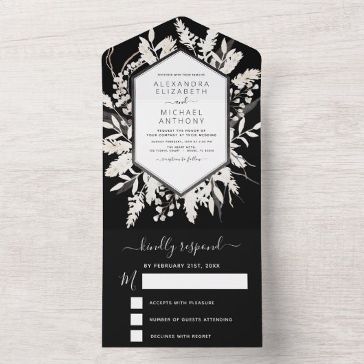 Boho Black White beige Botanical Weddenschap All In One Uitnodiging (Binnen)
