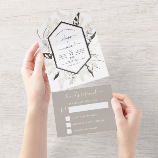 Boho Black White beige Botanical Weddenschap RSVP All In One Uitnodiging (Afscheurbaar)