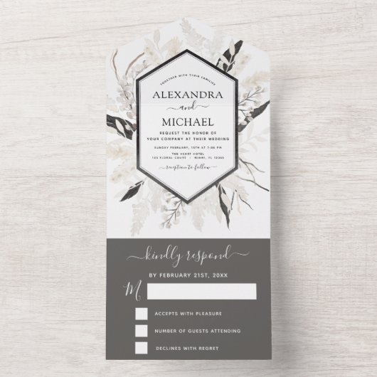 Boho Black White beige Botanical Weddenschap RSVP All In One Uitnodiging (Binnen)