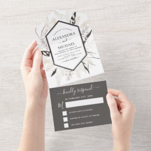 Boho Black White beige Botanical Weddenschap RSVP All In One Uitnodiging