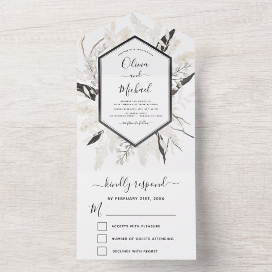 Boho Black White beige Botanical Weddenschap RSVP All In One Uitnodiging (Binnen)