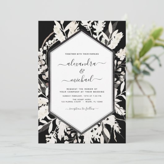 Boho Black White Beige Botanical Wedding Kaart (Staand voorkant)