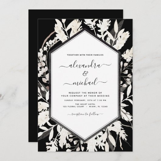 Boho Black White Beige Botanical Wedding Kaart (Voorkant / Achterkant)