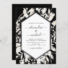 Boho Black White Beige Botanical Wedding Kaart