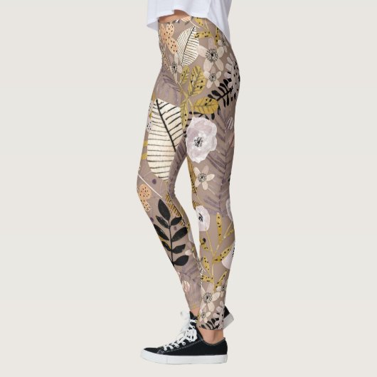 Boho Black White Gold Peach line Drawn Leaf Floral Leggings (Links)