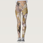 Boho Black White Gold Peach line Drawn Leaf Floral Leggings (Voorkant)