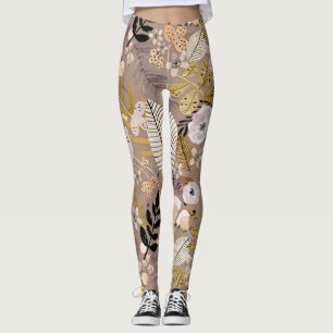 Boho Black White Gold Peach line Drawn Leaf Floral Leggings