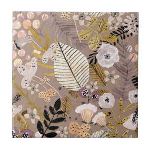 Boho Black White Gold Peach line Drawn Leaf Floral Tegeltje