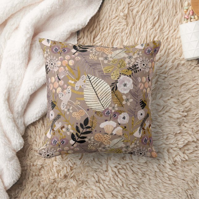 Boho Black White Gold Peach Line Drawn Leaf Flower Kussen (Deken)