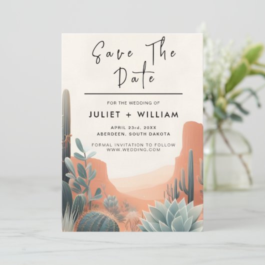 Boho blad woestijn cactussen succulent bruiloft save the date (Staand voorkant)