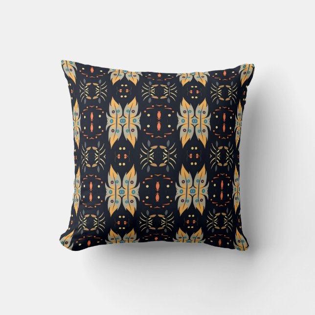 Boho-bladeren mosterdgeel en blauw kussen (Voorkant)
