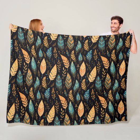 Boho bladeren turquoise fleece deken (In situ)
