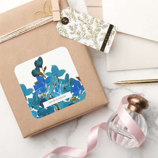 Boho Blau Waterverf Wilde Bloemen Monogram Vierkante Sticker (Geschenken)