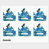 Boho Blau Waterverf Wilde Bloemen Monogram Vierkante Sticker (Vel)
