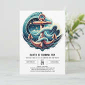 Boho Blauw Anker Verjaardag Kaart (Staand voorkant)