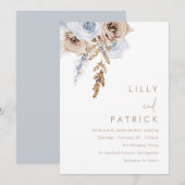 Boho Blauw & Beige Bloemen Moderne bruiloft Kaart (Voorkant / Achterkant)