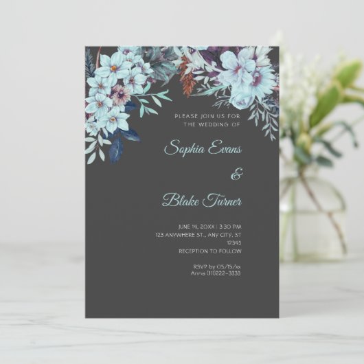 Boho Blauw Bloemen Winter Schaduw Grijs Bruiloft Kaart (Staand voorkant)