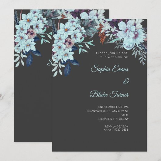 Boho Blauw Bloemen Winter Schaduw Grijs Bruiloft Kaart (Voorkant / Achterkant)