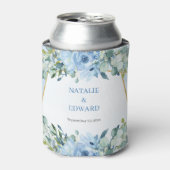 Boho blauw bloemeneucalyptus en goud lijst blikjeskoeler (Blikje Voorkant)