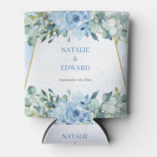 Boho blauw bloemeneucalyptus en goud lijst blikjeskoeler (Voorkant)