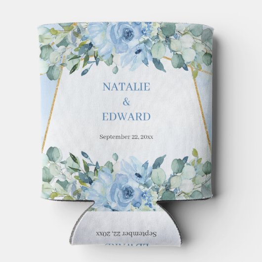 Boho blauw bloemeneucalyptus en goud lijst blikjeskoeler (Achterkant)