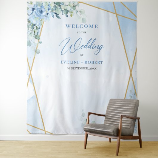 Boho blauw bloemeneucalyptus en gouden lijst Bruil Wandkleed (In situ)