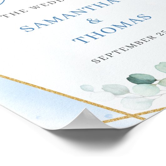 Boho blauw bloemeneucalyptus goud bruiloft welkom poster (Hoek)