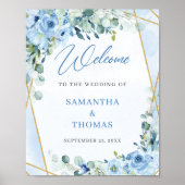Boho blauw bloemeneucalyptus goud bruiloft welkom poster (Voorkant)
