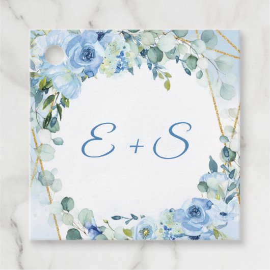Boho blauw bloemeneucalyptus & gouden naam initial bedankjes labels (Voorkant)