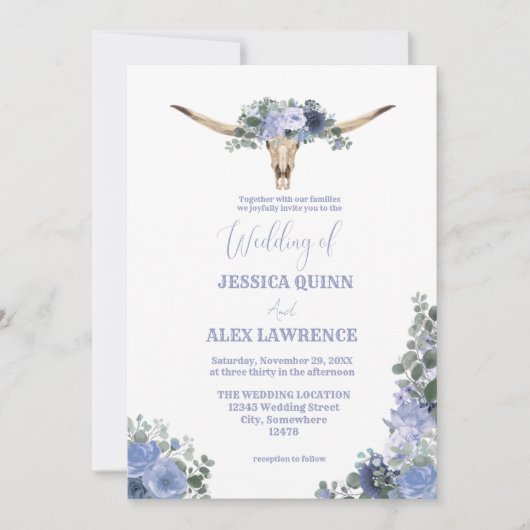 Boho Blauw Bloemenlaarzen Cowboy Western Bruiloft Kaart (Voorkant)