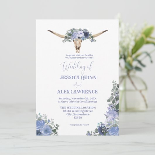 Boho Blauw Bloemenlaarzen Cowboy Western Bruiloft Kaart (Staand voorkant)