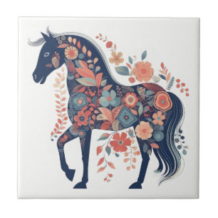 Boho Blauw Bloemenpaard Scandinavische volkskunst Tegeltje
