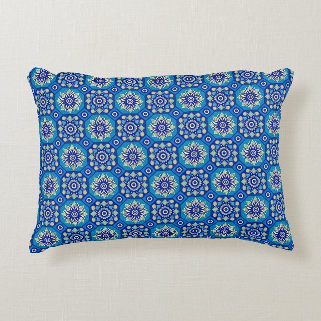  Boho Blauw Bloempatroon Accent Kussen (Voorkant)