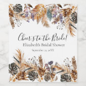 Boho Blauw Bruin Botanisch Palm Pampasgras Bruidst Wijn Etiket (Enkel label)