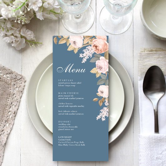 Boho Blauw en Blush Pioenen Bruiloft Menu Kaart