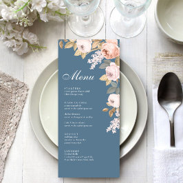 Boho Blauw en Blush Pioenen Bruiloft Menu Kaart