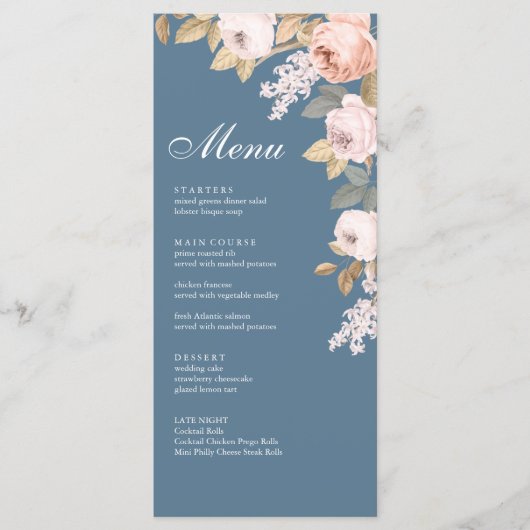 Boho Blauw en Blush Pioenen Bruiloft Menu Kaart (Voorkant)