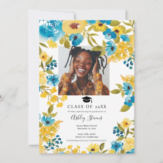 Boho Blauw en Geel Bloemen 2 Foto Afstuderen Aankondiging (Voorkant)