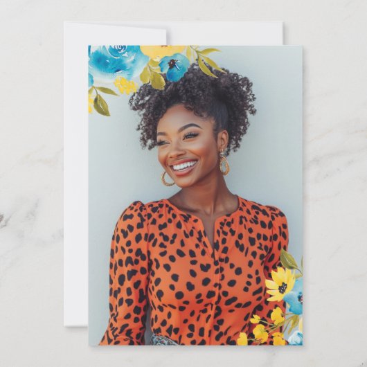 Boho Blauw en Geel Bloemen 2 Foto Afstuderen Aankondiging (Achterkant)