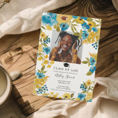 Boho Blauw en Geel Bloemen 2 Foto Afstuderen Aankondiging