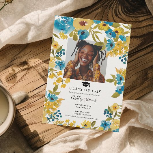 Boho Blauw en Geel Bloemen 2 Foto Afstuderen Aankondiging