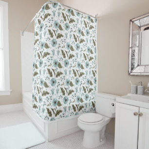 Boho Blauw en Groen Bloemmotief Douchegordijn