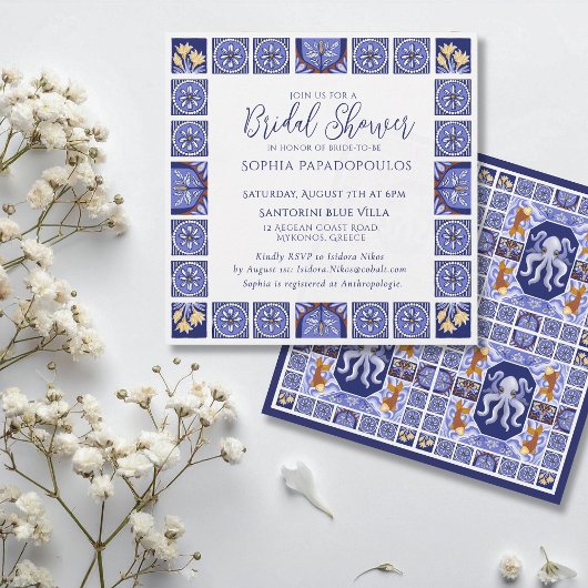 Boho Blauw en Wit Mediterraans Bruidsbad  Kaart