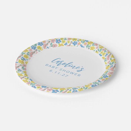 Boho Blauw Geel Ditsy Bloemen Aangepast Baby showe Papieren Bordje (Gekanteld)