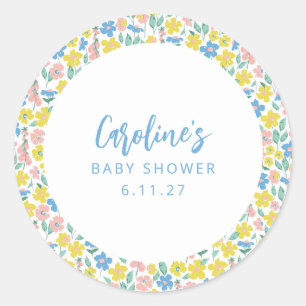 Boho Blauw Geel Ditsy Bloemen Aangepast Baby showe Ronde Sticker